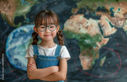 Young Girl With Glasses Observing World Map