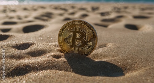 Bitcoin coin on the beach in the sand