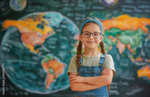 Young Girl With Glasses Observing World Map