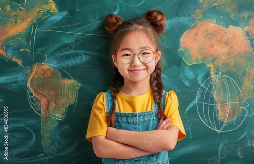 Young Girl With Glasses Observing World Map