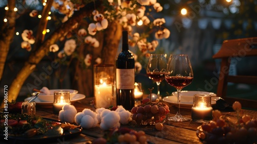 Appetizers Party. Rustic Garden Table Dinner with Lamp and Illuminated Wine