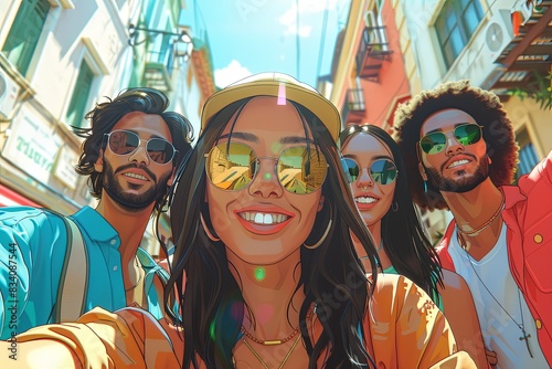 Portrait of multi-ethnic guys and girls taking a selfie outdoors with backlight. Colorful illustration. Friendship Day concept