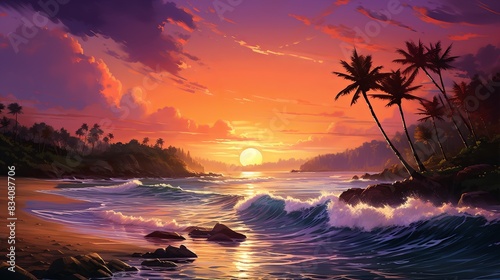 A breathtaking sunset over a serene beach  with waves gently lapping the shore and palm trees silhouetted against the vibrant orange and pink sky.  