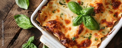 Delicious homemade lasagna in a baking dish topped with melted cheese and fresh basil leaves. photo