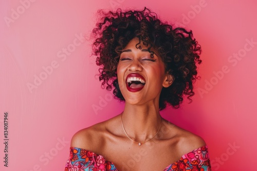 Person Singing. Beautiful African American Woman Posing with Copy Space on Pink Background