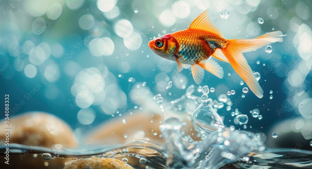 Achieving A Goal. Goldfish Jumps Out of Aquarium to Succeed in Business in Sea Achieving A Goal. Goldfish Jumps Out of Aquarium to Succeed in Business in Sea