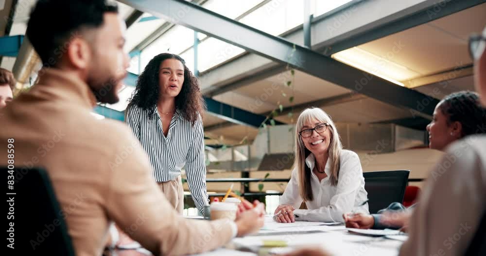 Meeting, presentation and business people in office for discussion, planning and proposal ideas. Creative agency, company and speaker with men and women for teamwork, feedback and collaboration