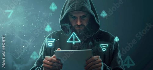 Man in a Hoodie Looking at Tablet