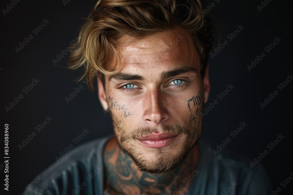 Man Tattoos. Portrait of a Young Handsome Man with Photogenic Background Man Tattoos. Portrait of a Young Handsome Man with Photogenic Background