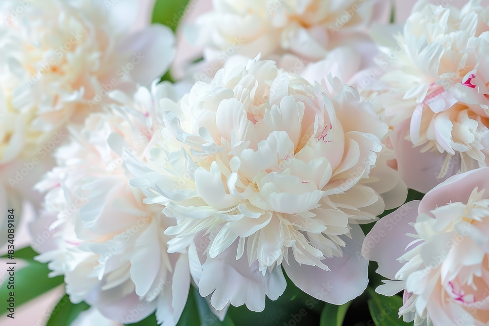 Peony White. Beautiful Floral Background with Pink and White Peony Blossoms Peony White. Beautiful Floral Background with Pink and White Peony Blossoms
