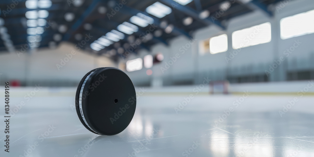Close up classic hockey puck on empty indoor ice rink, background with copy space Close up classic hockey puck on empty indoor ice rink, background with copy space