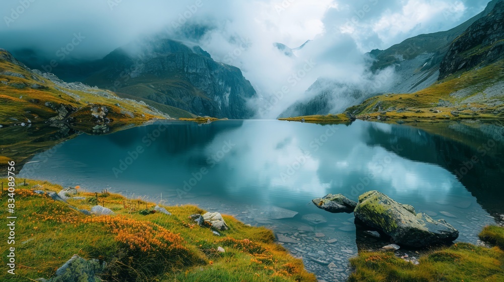 Beautiful Mountain Reflected in Clear Lake, Generative AI.