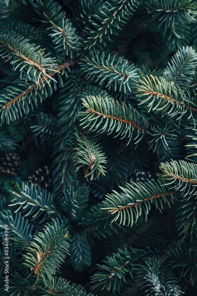 Christmas Tree Dark. Moody Winter Forest Backdrop with Close-Up Pine Tree Branch Christmas Tree Dark. Moody Winter Forest Backdrop with Close-Up Pine Tree Branch