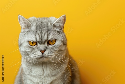 Cat Yellow. Portrait of Displeased Silver Tabby British Shorthair Cat with Yellow Eyes on Yellow Background