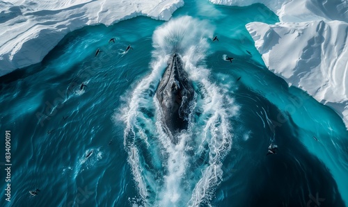 Aerial Shot of Humpback Whale Swimming through Antarctic Waters, Drone