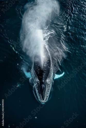 Humpback Whale Exhaling Mist While Swimming with Penguins in Antarctic Ocean, Drone