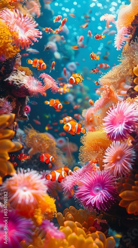 Vibrant Underwater Ecosystem with Colorful Sea Anemones and Clownfish Generative AI