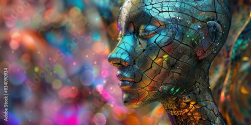 Artistic Close-Up Of Colorful Abstract Face With Geometric Cracks, Bokeh Lights In Background photo