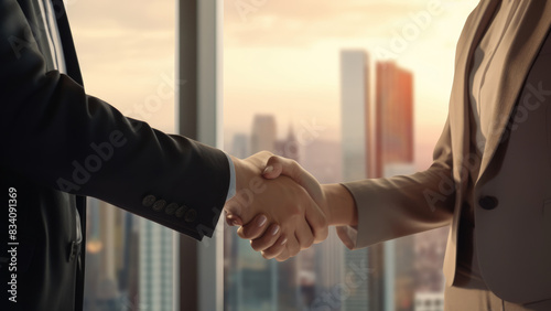 Professional business handshake with a city skyline backdrop