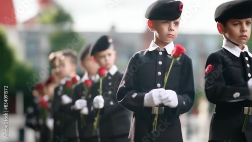 Wallpaper Mural A line of young boys, dressed in formal black uniforms, stand solemnly holding red roses during a daytime memorial ceremony. The mood is reflective as they wait in formation. They appear focused Torontodigital.ca