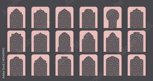 Arabic oriental frame, arc, door. Luxury thin line muslim windows, gates. Vector clipart