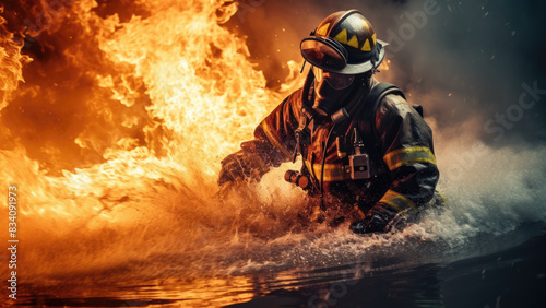 Brave firefighter in action, battling a dangerous fire