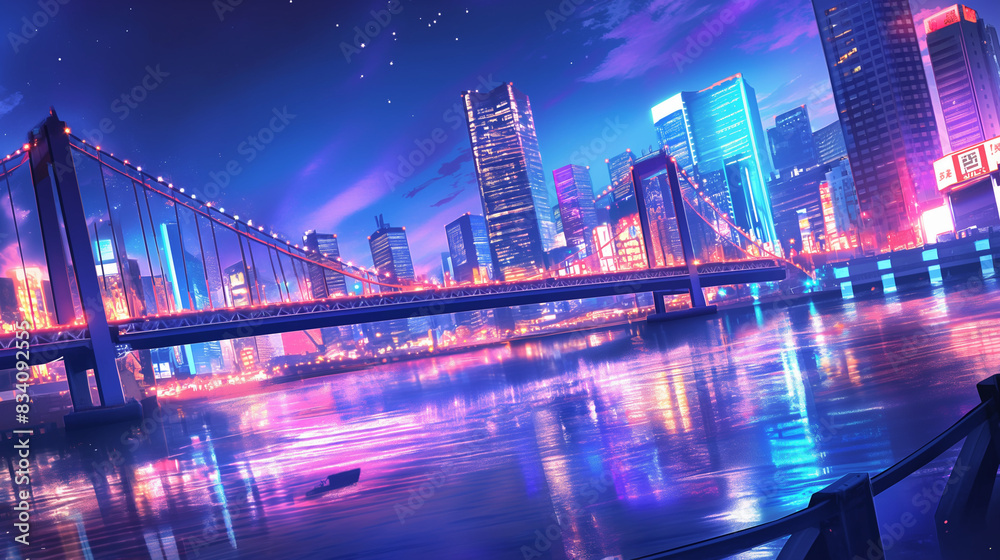 Fototapeta premium 都会の夜のリバーサイド