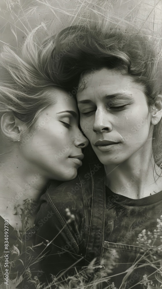 An androgynous couple cuddles peacefully in a field of wildflowers An androgynous couple cuddles peacefully in a field of wildflowers