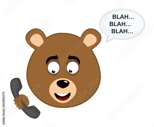 vector illustration face brown bear grizzly cartoon, talking on the phone and a speech bubble with the text blah