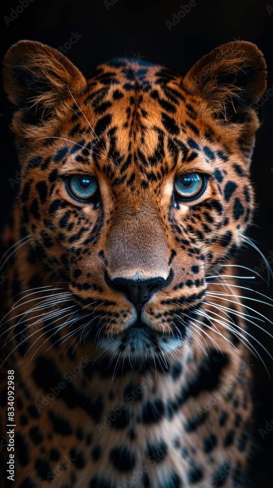 Obraz premium Wild Leopard Portrait on Black Background Generative AI