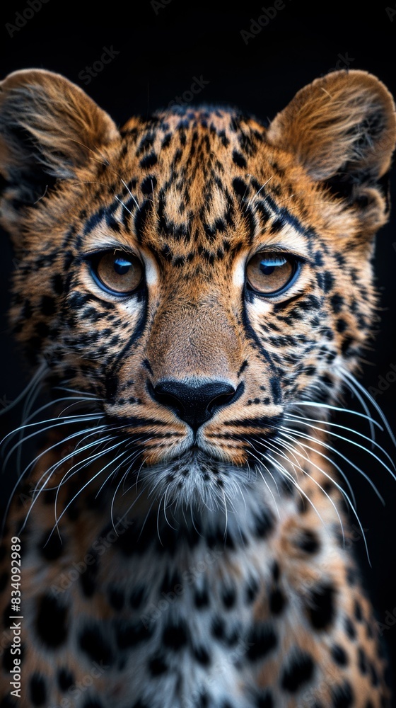 Fototapeta premium Wild Leopard Portrait on Black Background Generative AI