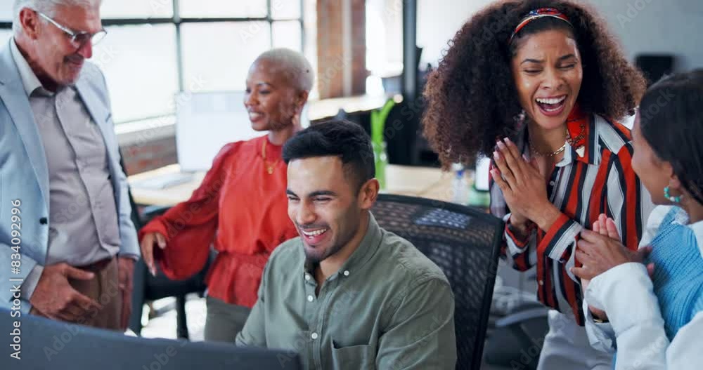 Group, computer and business people with celebration, applause and high five with emotion, email for approval and excited. Staff, employees and coworkers with pc, achievement and positive feedback