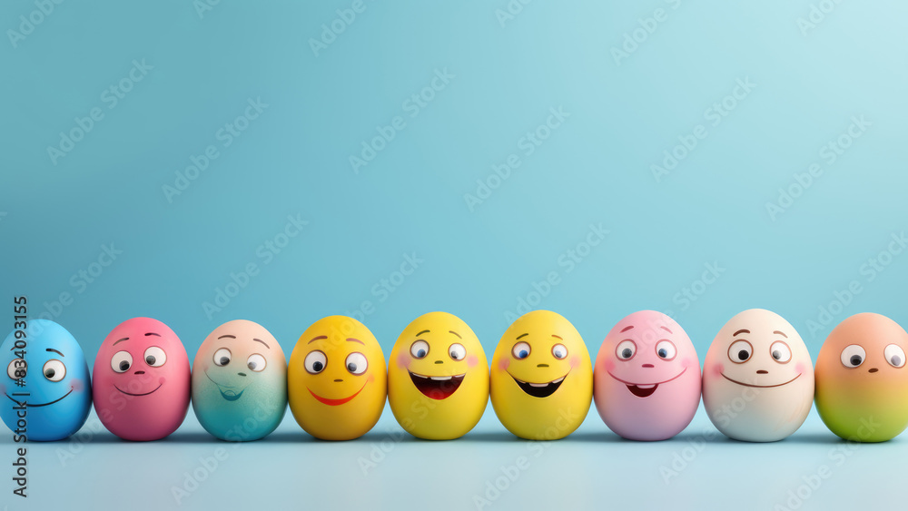Brightly colored eggs with a variety of smiley faces drawn on them


