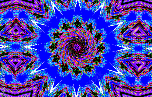 Vibrant colors form a kaleidoscopic pattern that radiates from the center, creating a sense of spinning motion. The intense blues, purples, and neon-like streaks contrast sharply, evoking a psychedeli photo