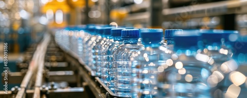 Clear plastic water bottles filled with liquid on a production line in a factory.