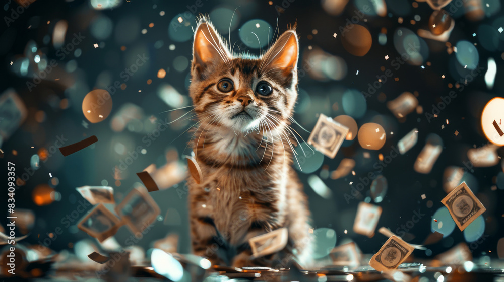 Curious kitten looks on as money confetti flutters around in a magical, dreamy setting Curious kitten looks on as money confetti flutters around in a magical, dreamy setting