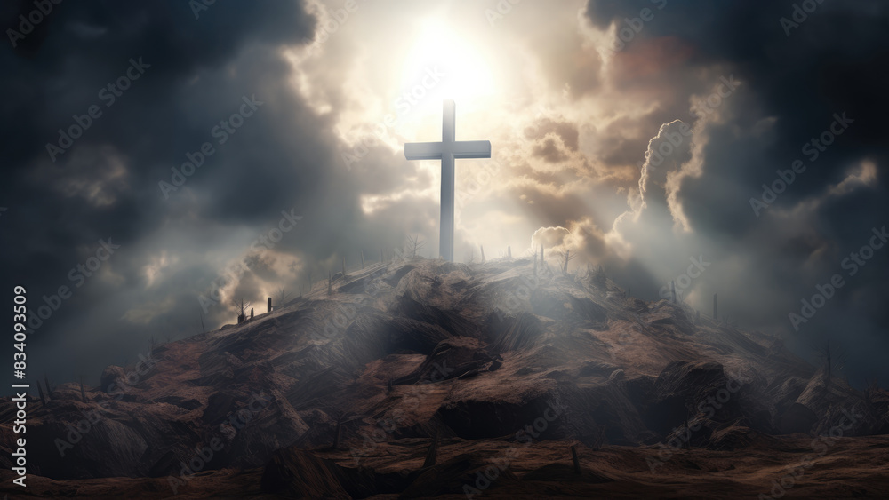Dramatic cross on a hill glowing against a dark, cloudy sky
Dramatic cross on a hill glowing against a dark, cloudy sky