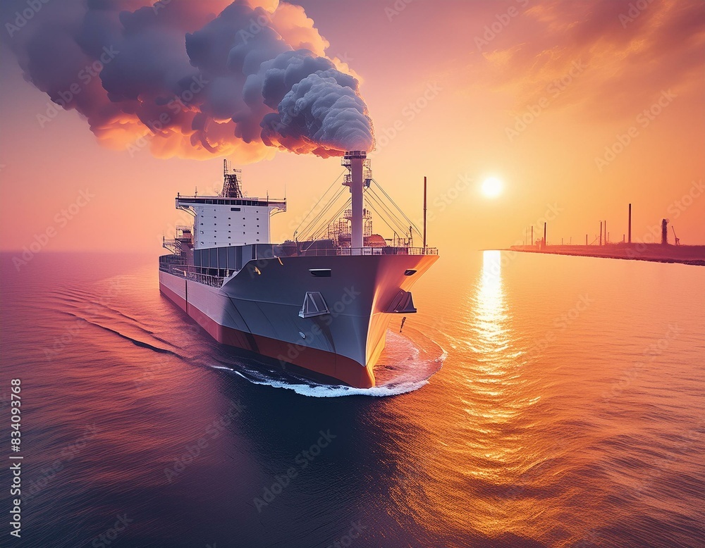 Large industrial ship with smoke coming out of the chimney at sunset