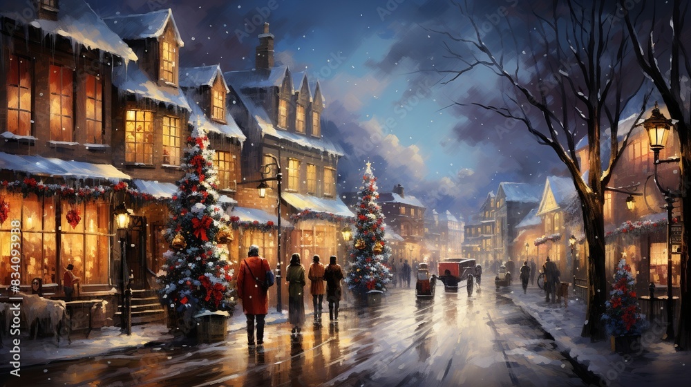 A charming Christmas Eve street scene, with carolers singing in front of houses decorated with colorful lights and wreaths, while snow gently falls.  