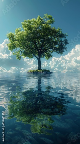 Serenity Found  Big Tree Standing Alone by the Water Generative AI