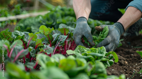 Close-up of gardener's hands picking organic spinach from a verdant vegetable garden
