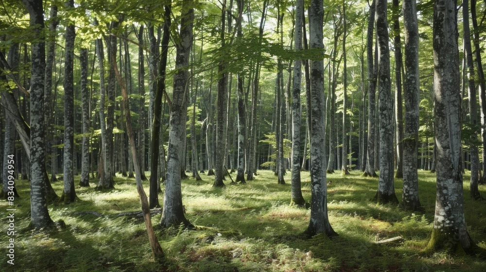 A dense stand of mature trees interspersed with patches of sunlight and young saplings. A dense stand of mature trees interspersed with patches of sunlight and young saplings.