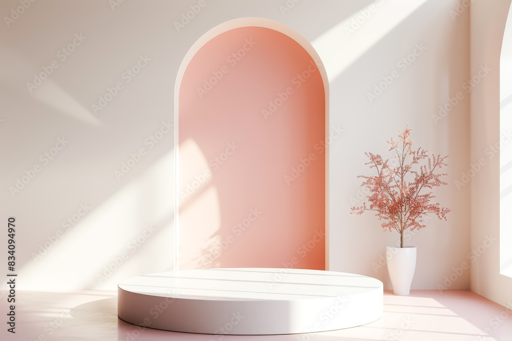 Abstract scene background. Podium on peach color background. Product presentation, show cosmetic product, skincare, mock up Abstract scene background. Podium on peach color background. Product presentation, show cosmetic product, skincare, mock up