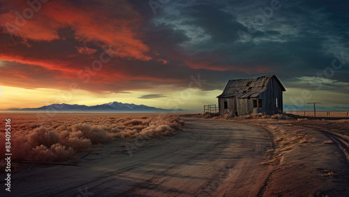 Rustic abandoned house amidst a dramatic desert sunset  
