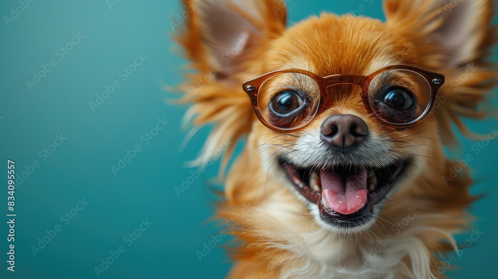 Tech-Savvy Pup: A Happy Chihuahua Dog in Glasses with a Phone on a Blue Background Tech-Savvy Pup: A Happy Chihuahua Dog in Glasses with a Phone on a Blue Background
