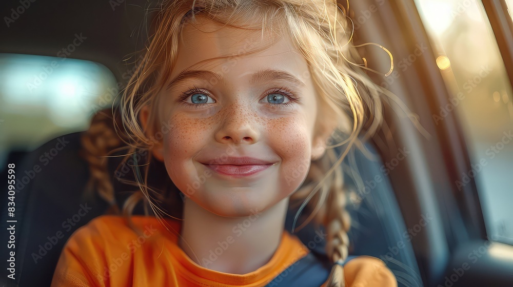 Joyful Little Girl in Orange Shirt, Safely Buckled Up in Car, Smiling as Sunlight Shines Through the Window Joyful Little Girl in Orange Shirt, Safely Buckled Up in Car, Smiling as Sunlight Shines Through the Window
