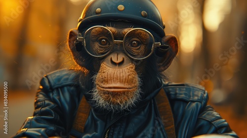 Adventurous Journey: A Cute Monkey with Goggles and Helmet Riding a Motorcycle © Максим Рудько