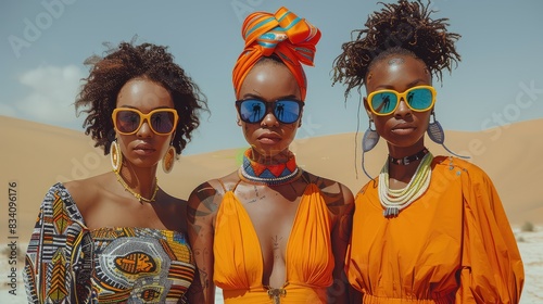 Afrofuturism Aesthetic: Three Beautiful Black Women with African Designs in a Desert Setting photo