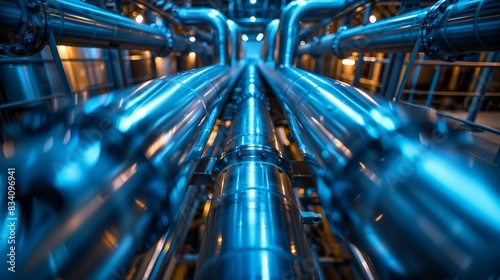 Shiny Industrial Pipes in Factory Setting. Close-up of shiny industrial pipes in a factory, highlighting the clean and modern infrastructure of an advanced manufacturing facility.