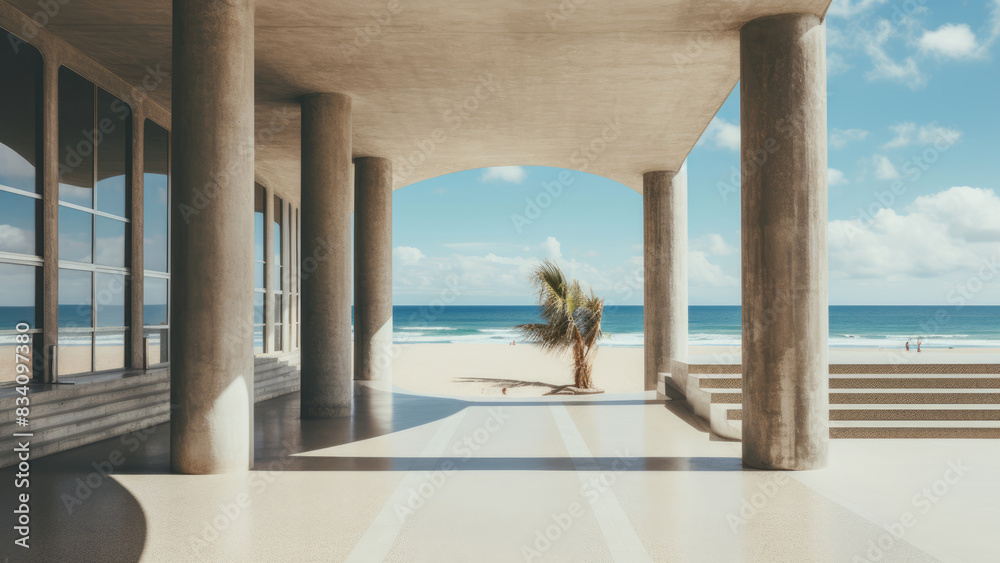 Fototapeta premium Ocean view from a contemporary concrete building with pillars